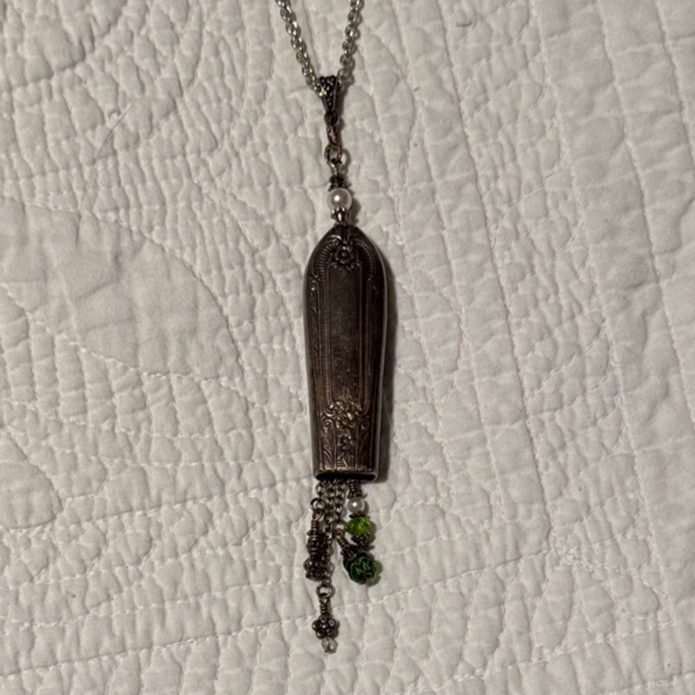 Elegant Silver Pendant Necklace with Green Accents hand crafted
